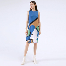 Geometric Print Dress Summer 2021 New Femininity High End Round Neck Sleeveless Casual Pleated Dress