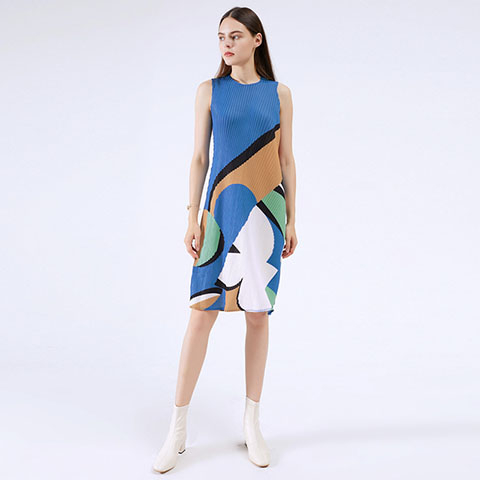 Geometric Print Dress Summer 2021 New Femininity High End Round Neck Sleeveless Casual Pleated Dress
