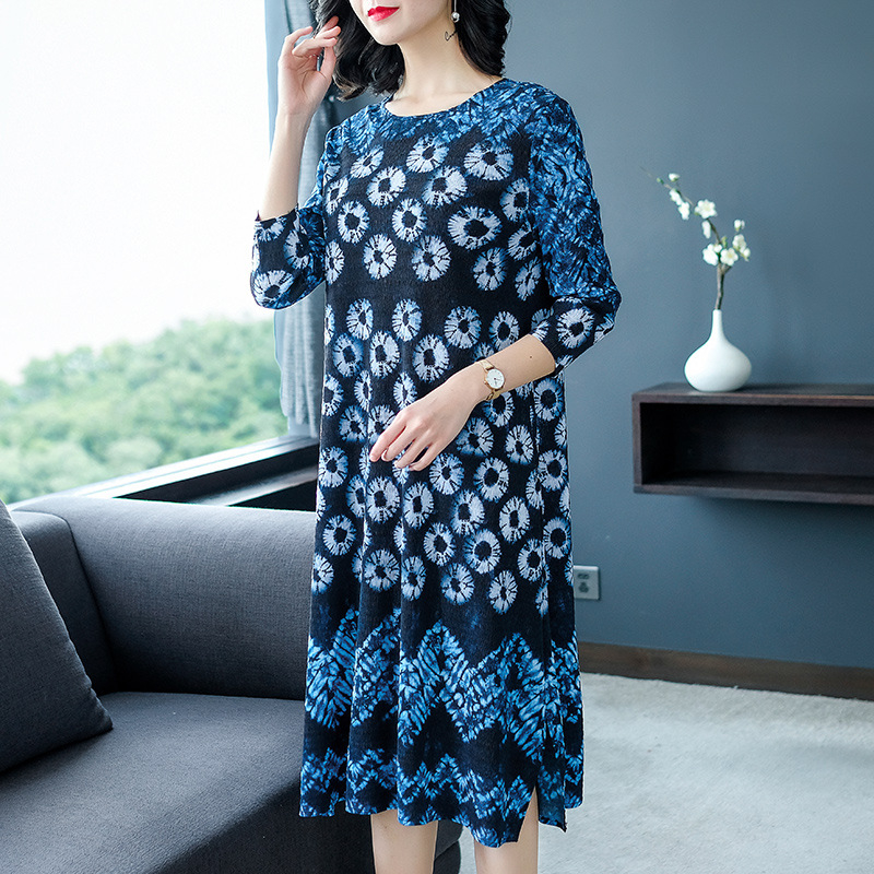 New Spring Pleated Dress Ladies'temperament Ink Printed Loose Large Size Dresses