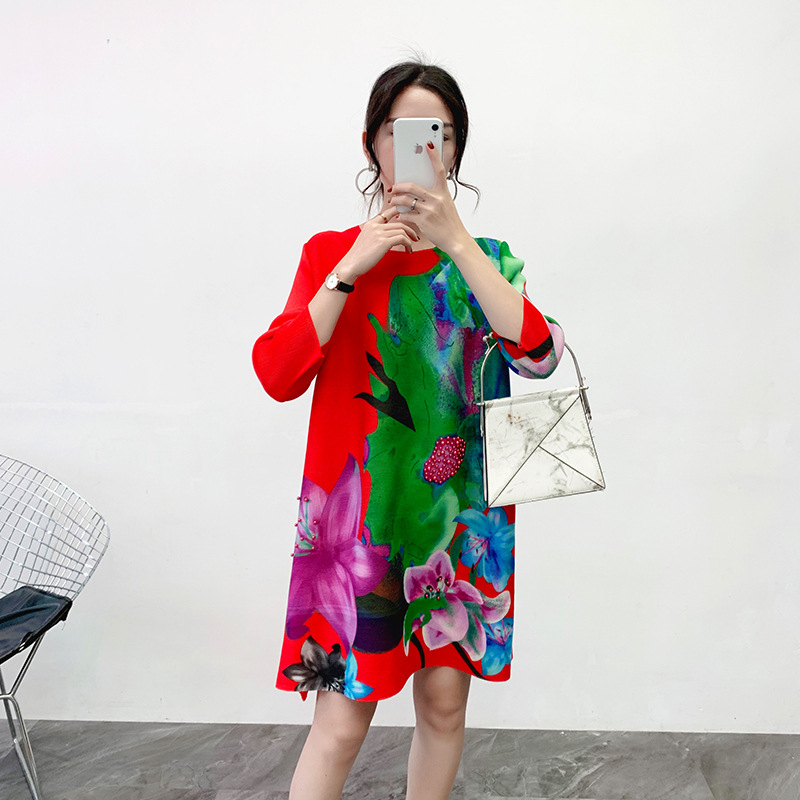Women Fashion Print Loose Large Pleated Dress New Dress In Spring 2020