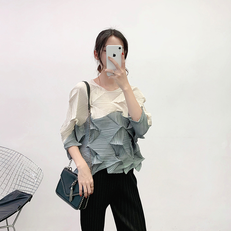Diamond Pleated Top Spring 2020 New Style Pleated Color Matching T-shirt Large Foreign Style Bottoming Shirt