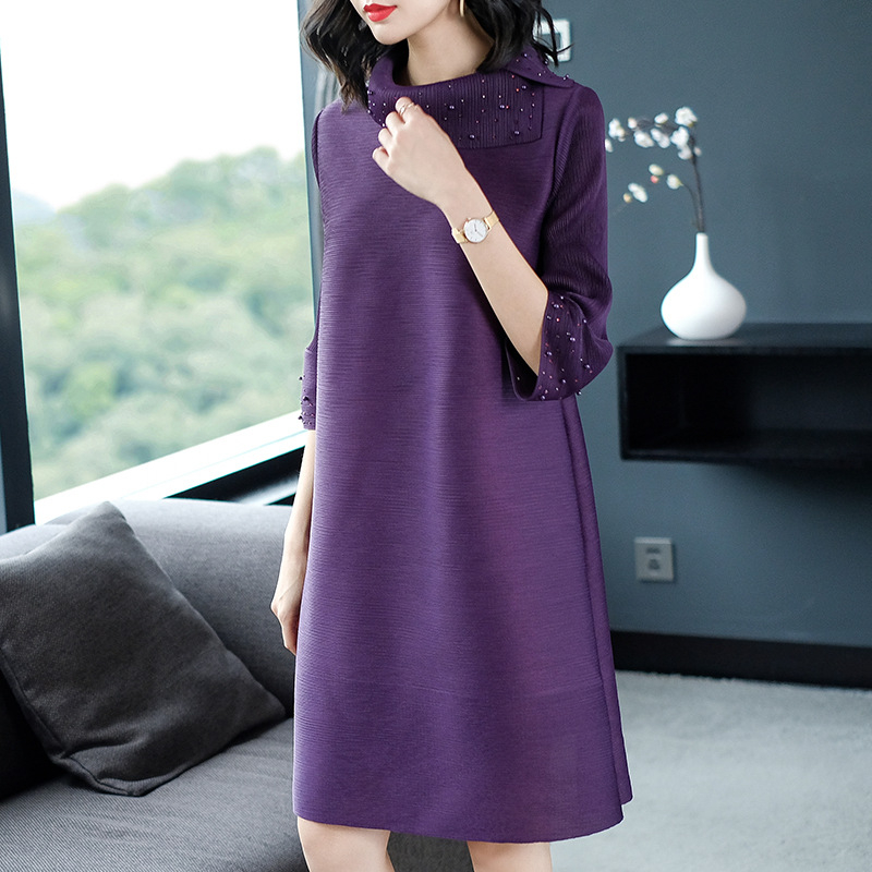 Women Pleated Autumn Fashion New Solid Color Lady Elegant Popular Loose One Piece Dress