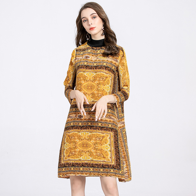 Autumn Women Pleated New Dress Retro Floral Loose Big Size Dress