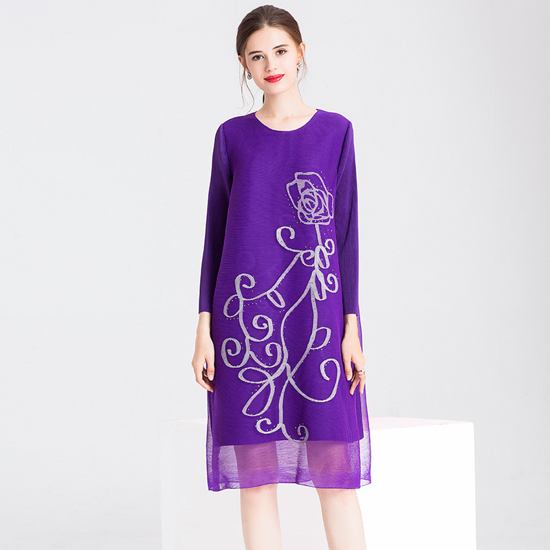 Autumn Women Pleated Lady Floral Loose Embroidery O-neck Dresses