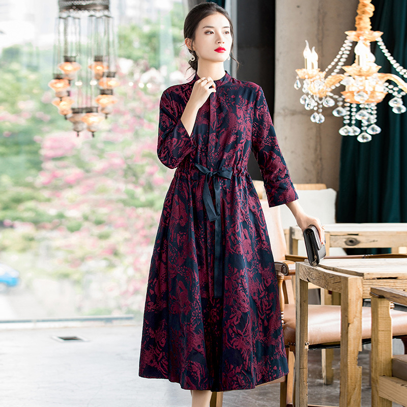 Fashionable Slim New Women's Dress In Spring 2020 Jacquard Retro Long Sleeve A-line Dress
