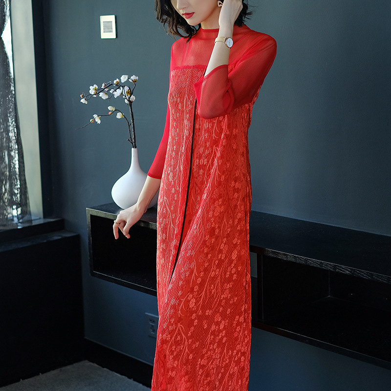 Fashion New Spring Summer Women Elegant Loose Lady Slim Free Size One Piece Pleats Dress