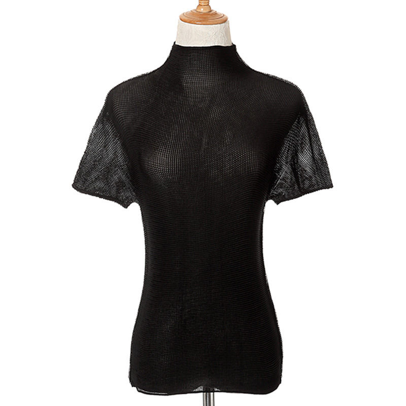 Women Fahion New Pleats Lady Causal Solid Color Pullover Short Sleeved High Collar Elastic Free Size T-shirts Tops Wear