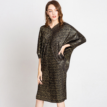 Women Autumn Fashion New Printing Lady Elegant Pleated Bat Sleeved Tidal Popular One Piece Dress