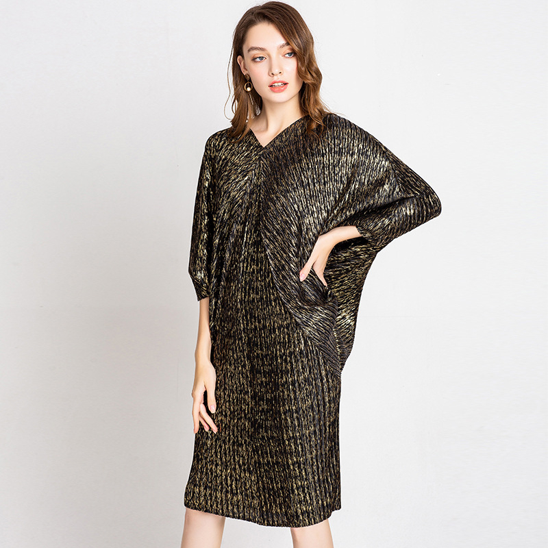 Women Autumn Fashion New Printing Lady Elegant Pleated Bat Sleeved Tidal Popular One Piece Dress