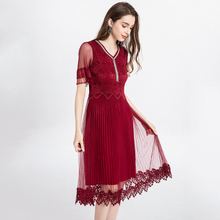 Women Fringed Pleated Short Sleeve Floral Mesh Dress