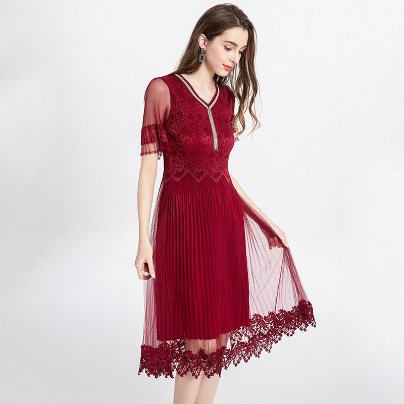 Women Fringed Pleated Short Sleeve Floral Mesh Dress