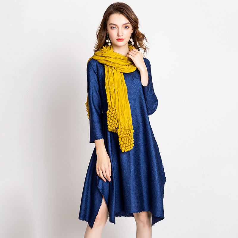 Pleated Office Lady Loose Solid Three Quarter Sleeves Knee-length O-neck Autumn Dress