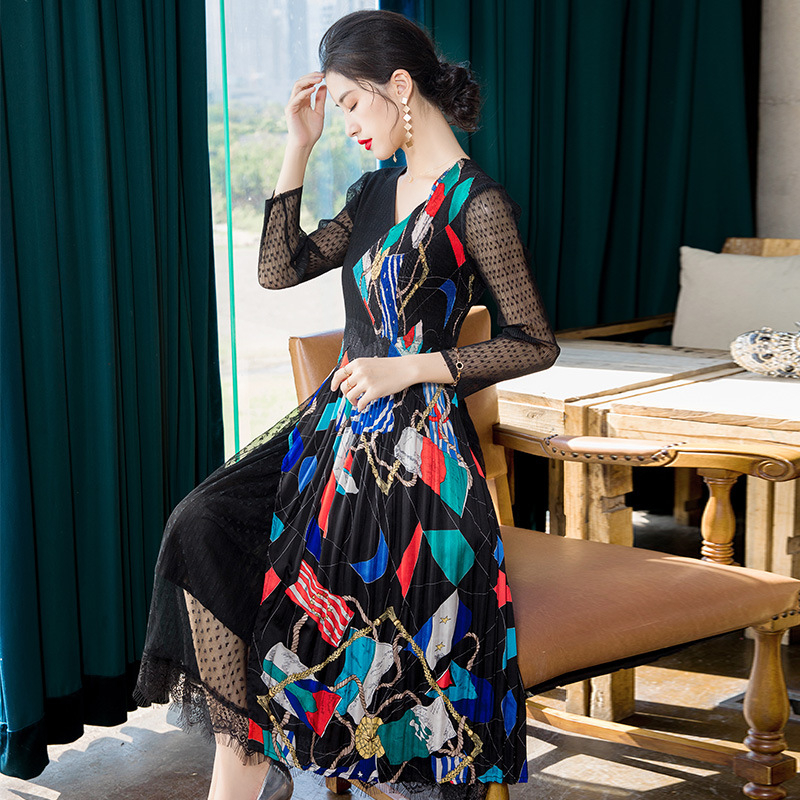 French Retro Print Pleated Dress 2020 Spring New Women's Large Pleated Dress