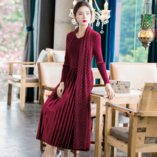 Women Scarf Collar Long Dress 2020 Spring New Slim Printed Velvet Pleated Dress