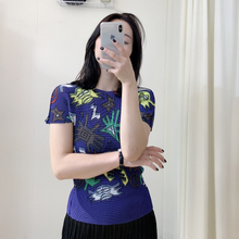 Summer Women Pleated Print Tops Casual Loose Big Size Elastic Casual Shirts