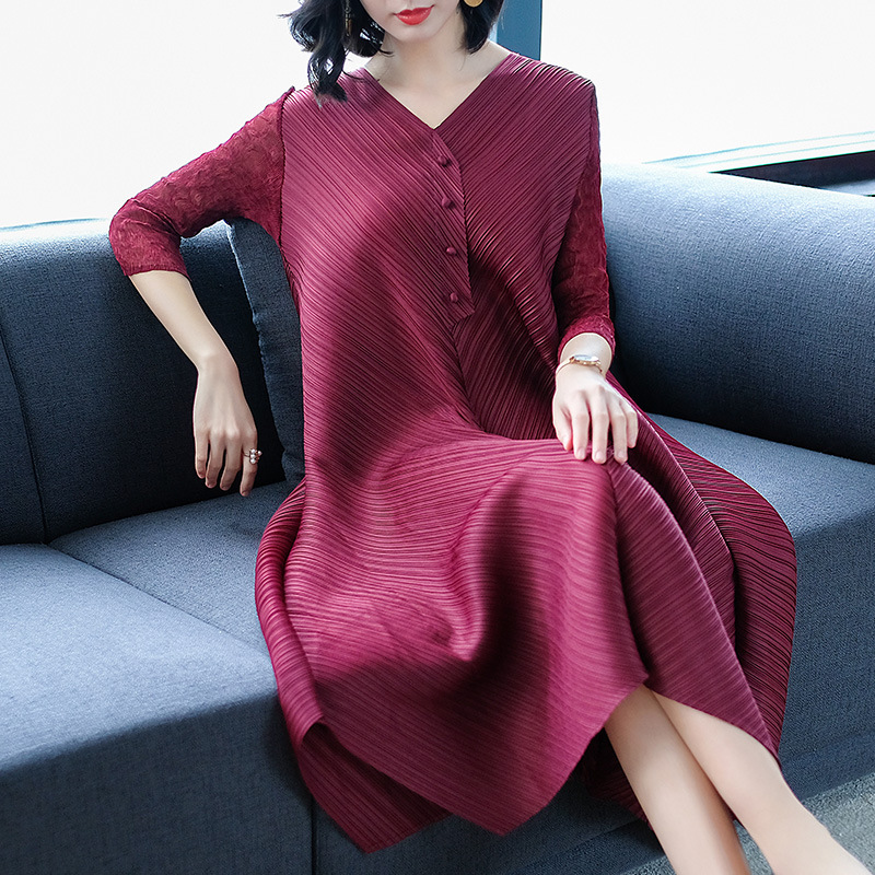 Women Pleated Solid Color Loose Big Size Lady Elegant Tidal Dress