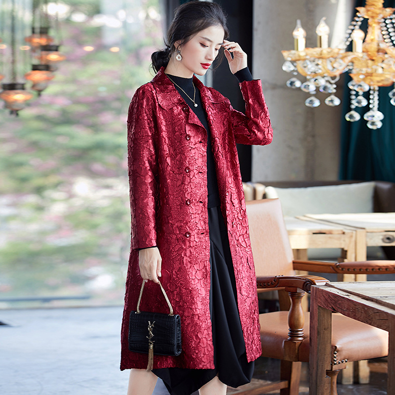 Autumn Winter Pleated Coat Large Women's Wear Double Row Button Long Sleeve Jacket