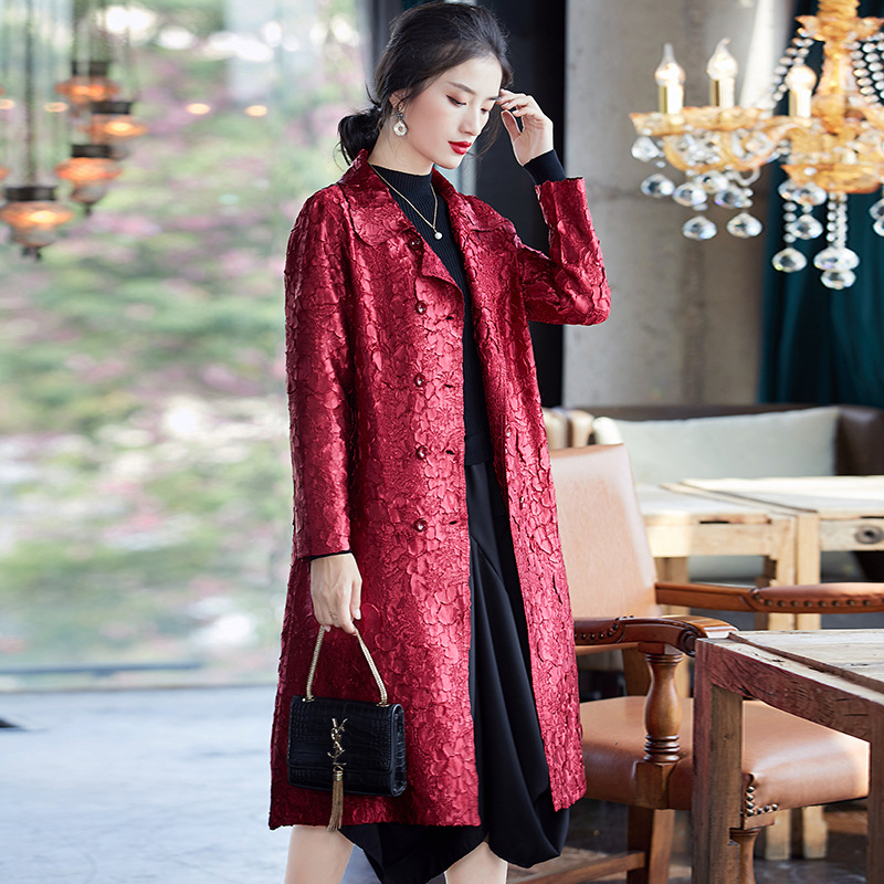 Autumn Winter Pleated Coat Large Women's Wear Double Row Button Long Sleeve Jacket