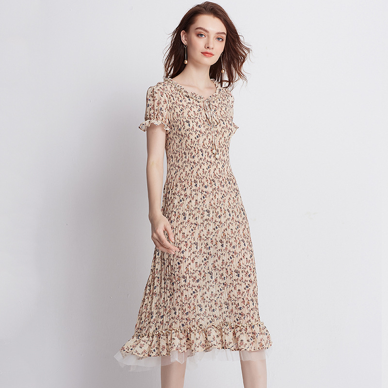 Hem Patchwork Dress Lace Collar Summer Chiffon Elegant Lady Pleated Dress