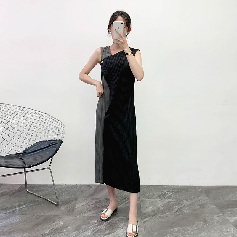 Women Pleated Basic Pleated Dress 2019 New Patchwork Contrast Bottom Dress