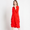 Women Pleated Office Lady Loose Solid Half Length Sleeves Casual O-neck Dresses