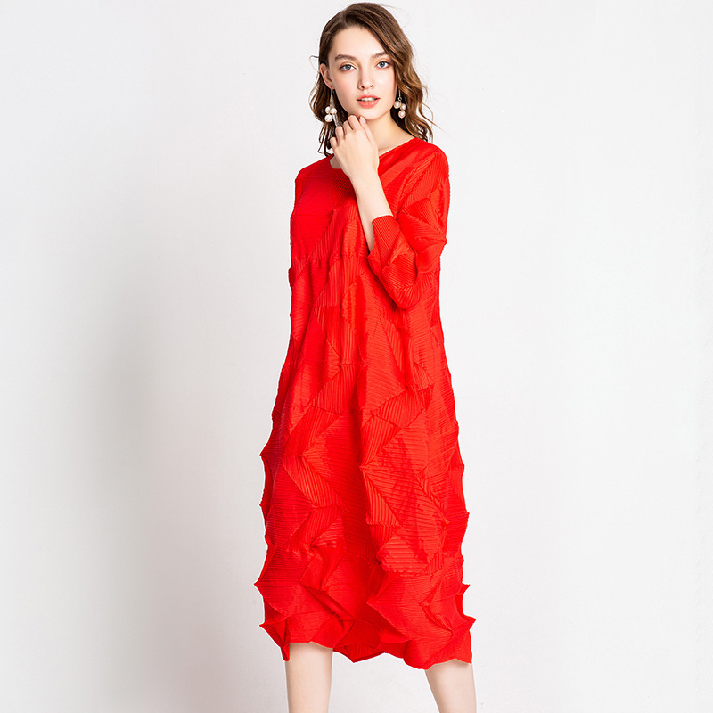 Women Pleated Office Lady Loose Solid Half Length Sleeves Casual O-neck Dresses