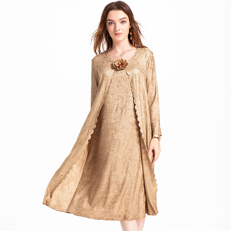 Autumn Women Crinkled Embroidery High Quality Solid Color Long Sleeves Evening Long Dress