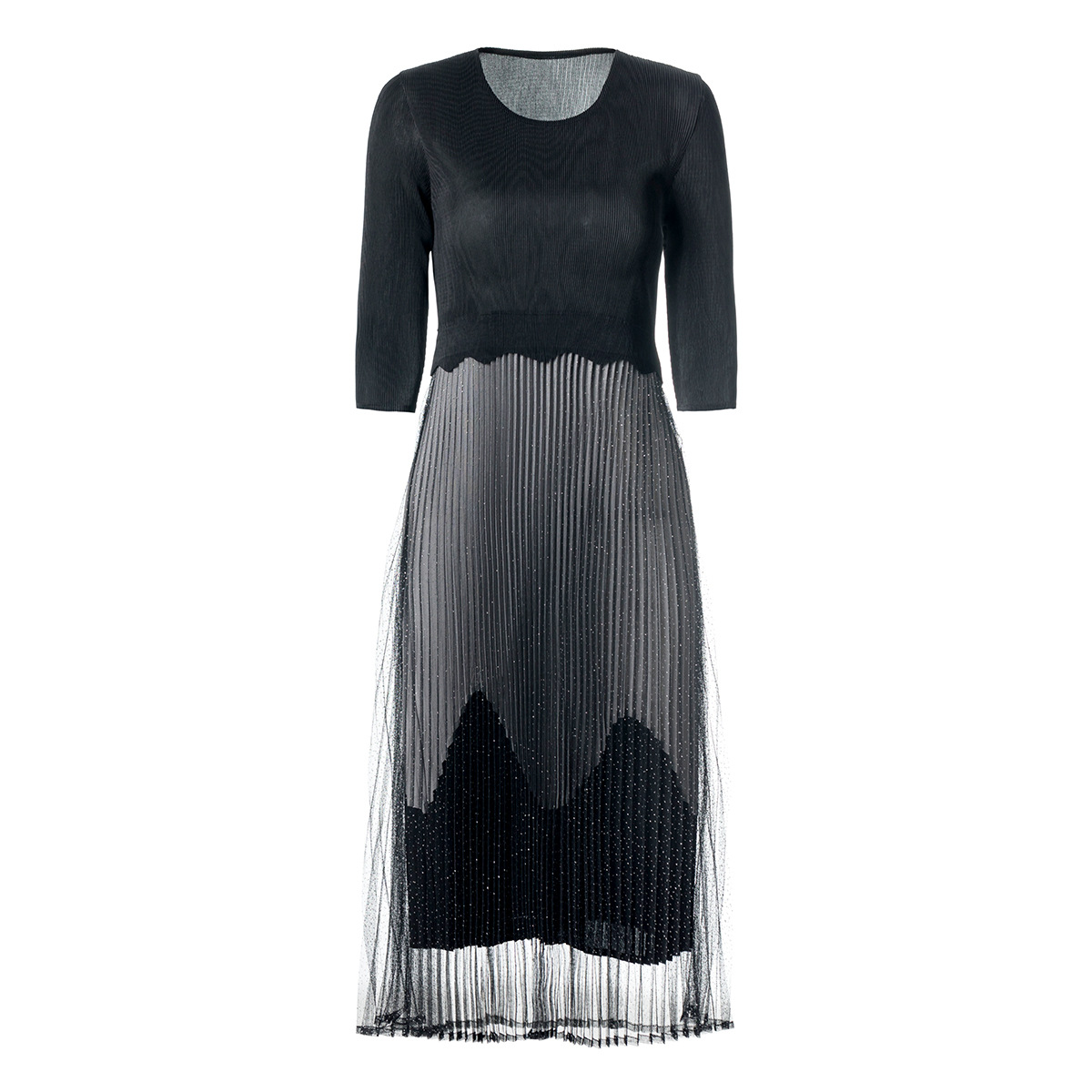 Spring Summer Mesh Stitching Big Size Dress New Fashion Pleated Lady Elegant Dresses