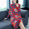 New Arrival Women Pleated Autumn Winter Printing Lady Loose Fashion Knee-length O-neck Dress