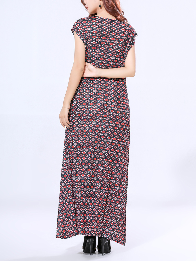 Summer Women Pleated Loose Big Size Long Dress Lady Elegant Short Sleeved Dress