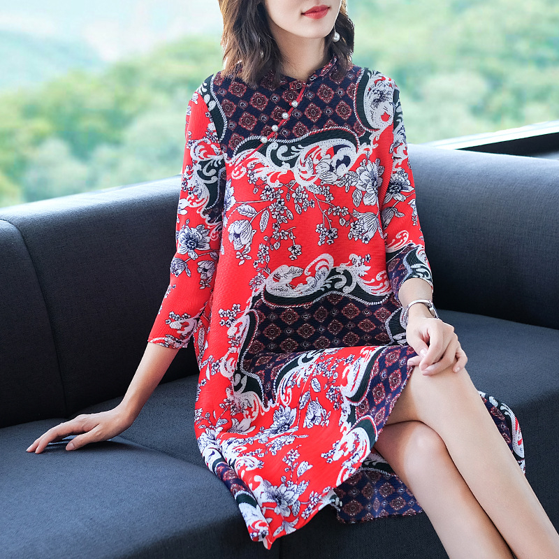 Aututmn Women Pleated Fashion New Tidal Loose Big Size Popular Lady Print Dress