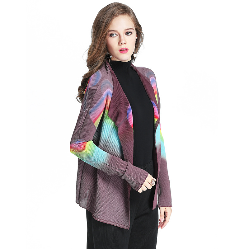 Women Pleats New Stripe Gradient Print Jacket Loose Sunscreen Cardigan Thin Coat