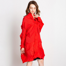 Women Pleated Casual Fashion Long Sleeves V-neck Open Stitch Wide-waisted Solid Trench Coat