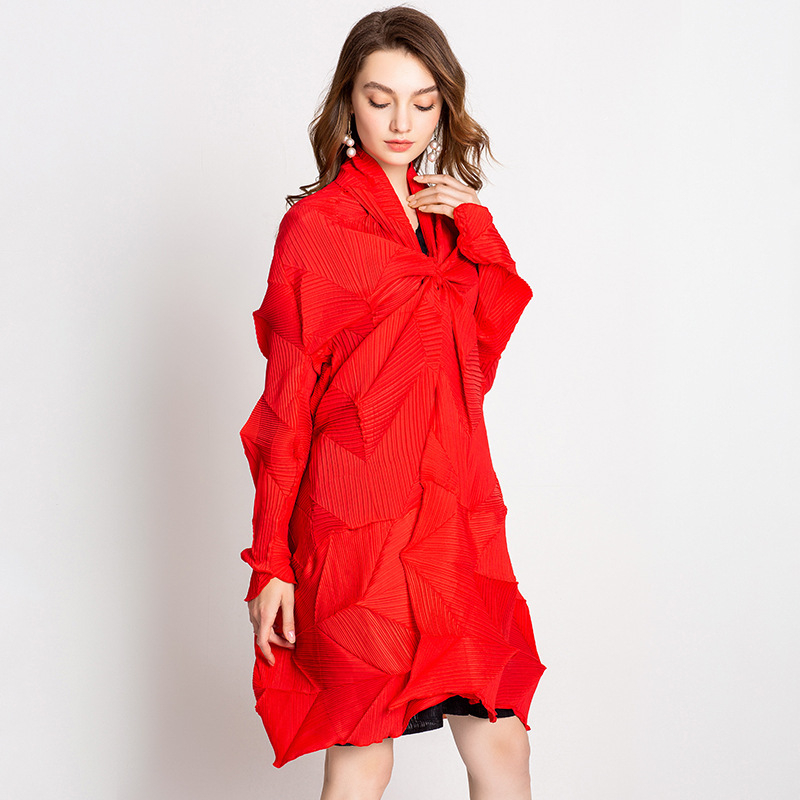 Women Pleated Casual Fashion Long Sleeves V-neck Open Stitch Wide-waisted Solid Trench Coat