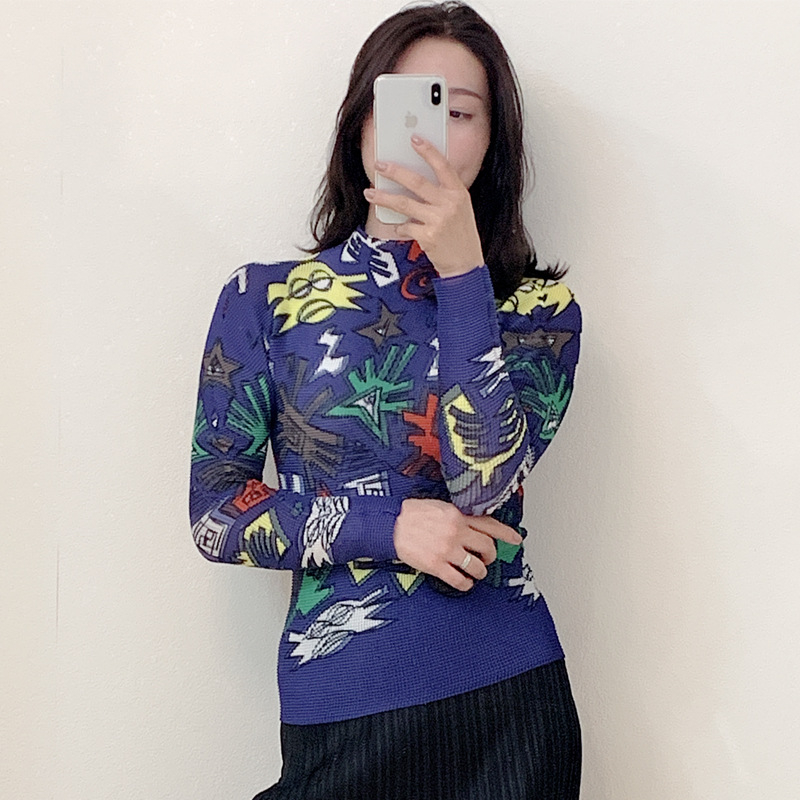 Autumn Women Pleated Tops Long Sleeved Shirts Print Tidal Big Size Shirts