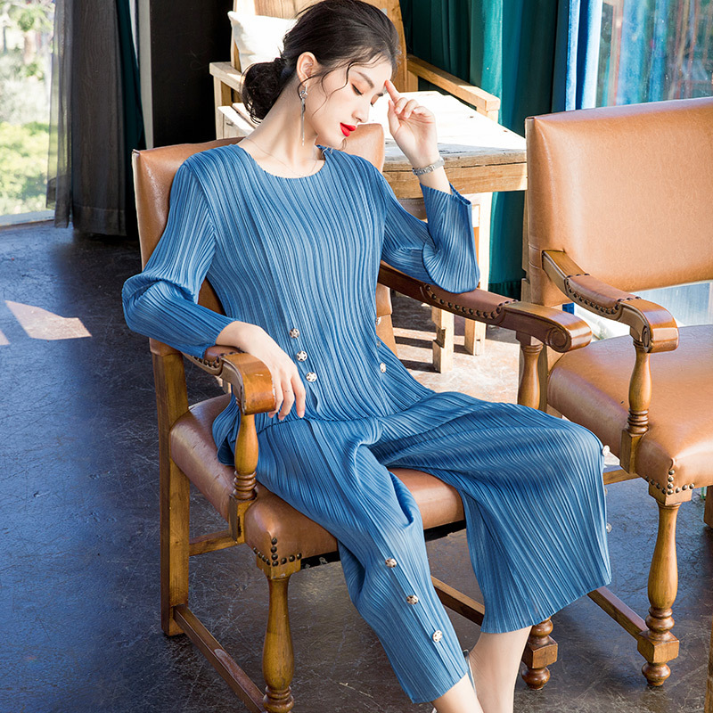 Women Pleated 2020 New Tops Pants Fashion Two Pieces Clothing Set