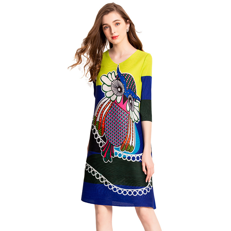 Owl Nail Pearl Pleated Dress Fashion Colour Matching Women Tidal New Popular Loose Dresses