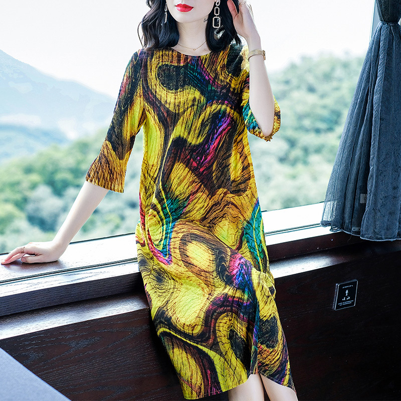 French Women Pleated Print Spring Tidal Fashion New Loose Big Size Dress