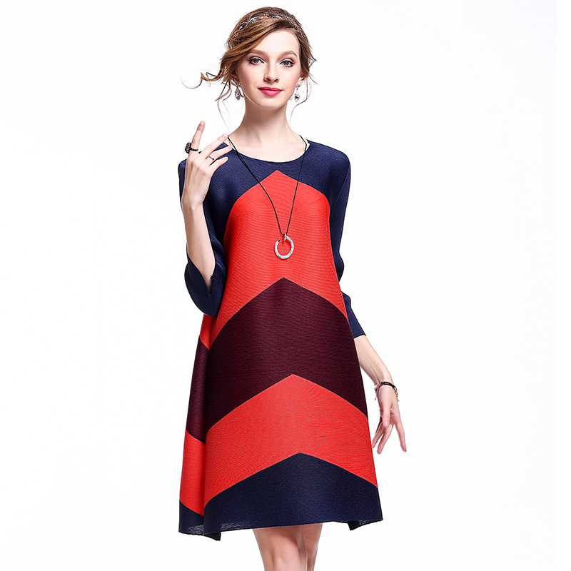 New Arrival Women Pleated Office Lady Loose Striped Three Quarter Sleeves None Knee-length O-neck Autumn Dresses