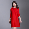 New Arrival Women Pleated Casual Loose Knee-length Flare Sleeve Turn-down Collar Autumn Dress