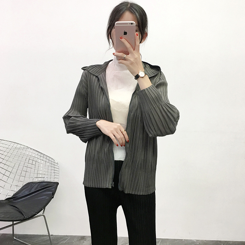 Women Pleated Hooded Jacket Autumn 2019 Zip Windbreaker Loose Large Pleated Coat