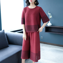 Women Pleated Fashion Tidal Casual Loose Striped Tops Shirts Trousers Two Pieces Clothing Sets