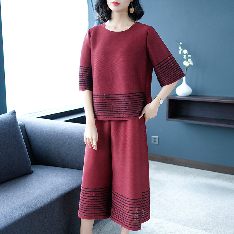 Women Pleated Fashion Tidal Casual Loose Striped Tops Shirts Trousers Two Pieces Clothing Sets