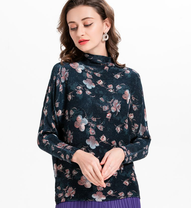 High Collar Chiffon Flower Print Women Pleated Tops Pullover Shirts
