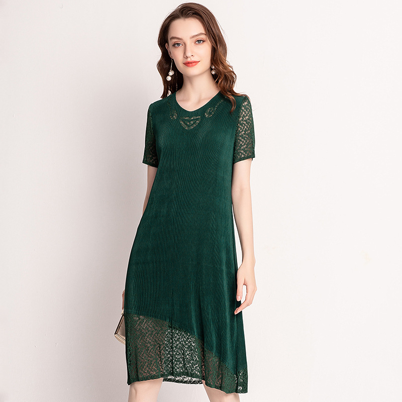 Women Pleated Lace Short-sleeved Hollow Dress Pleated Fashion New Dresses