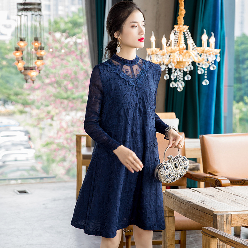 Lace Panel Long Sleeve Dress 2020 Spring New Women's Loose Large Pleated Embroidered A-line Dress
