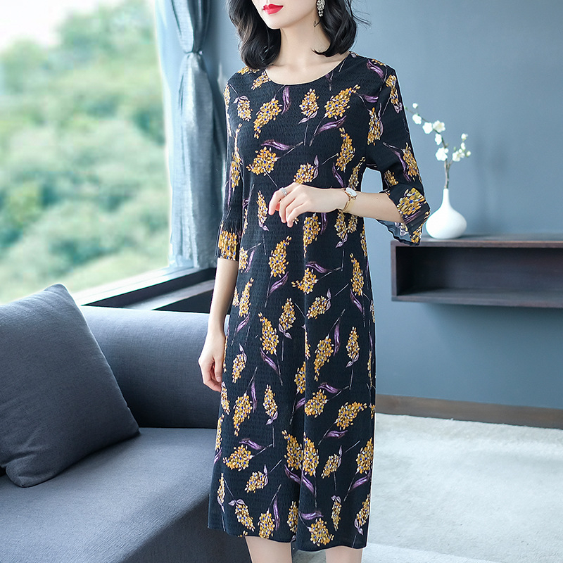 New Spring Women's Pleats Loose Large-size French Printed Dresses