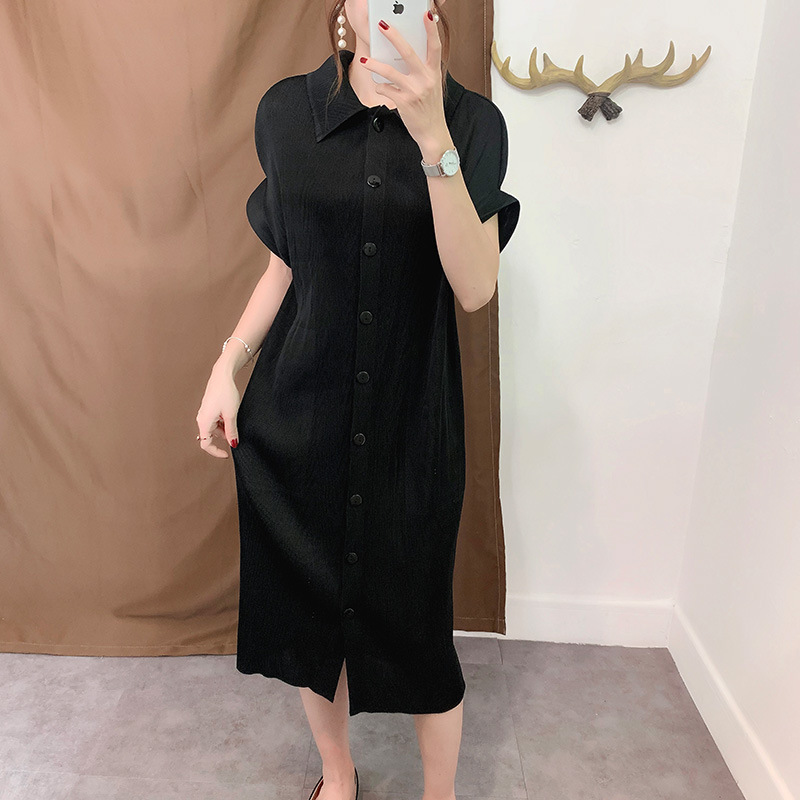 Pleated Button-down Dress Short Sleeve Loose Size Women Summer Dresses
