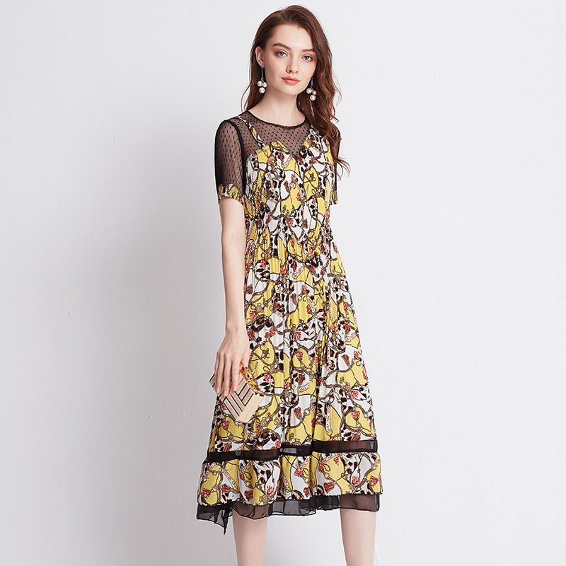 Mesh Sleeve Fancy Dress Summer Chiffon Dress Pleated Fashion Dress