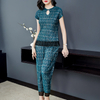 Summer Women Pleated Print Pullover Shirts Tops Pants Two Pieces Clothing Sets